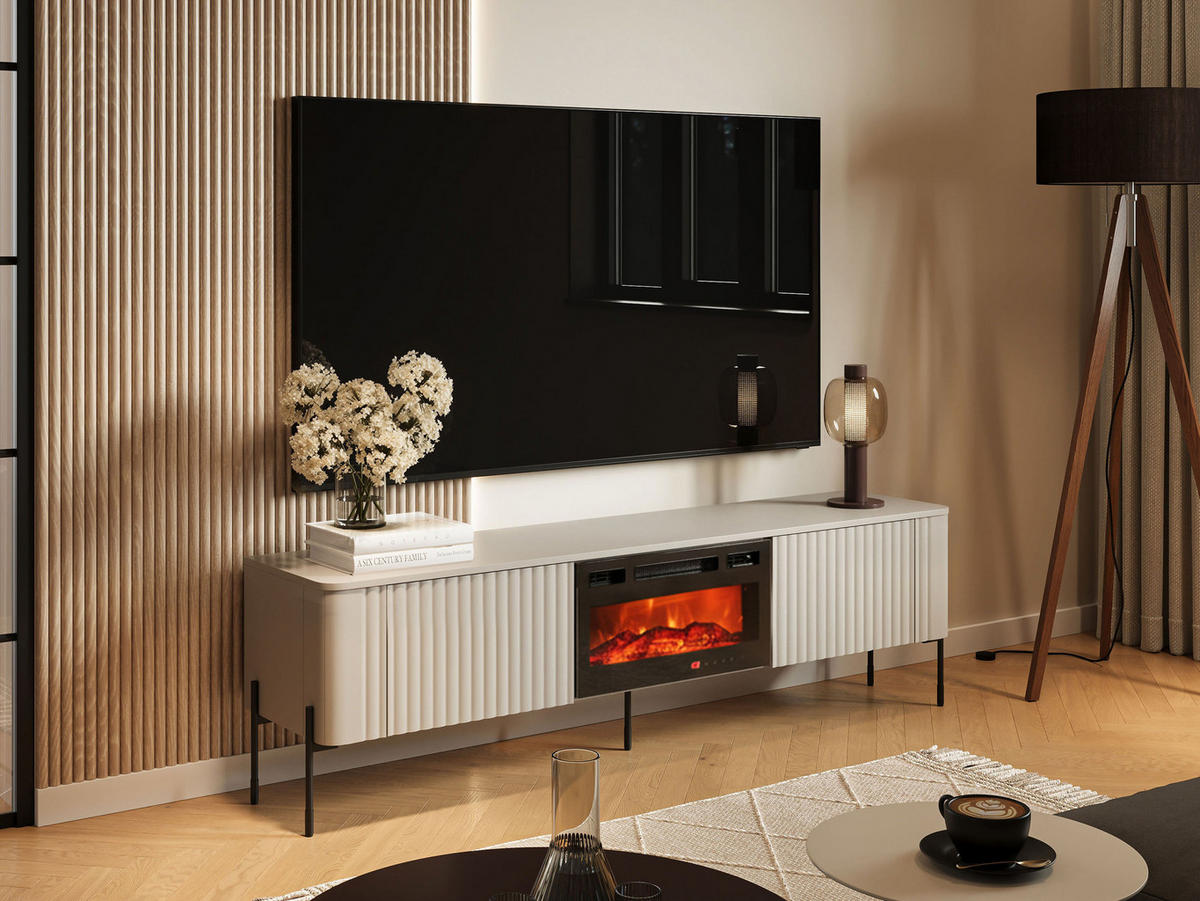 TV-LOWBOARD Vera 190 EF mit Kamin - Kaschmir/Schwarz, Holzwerkstoff/Metall (190/55/40cm) - MIRJAN24