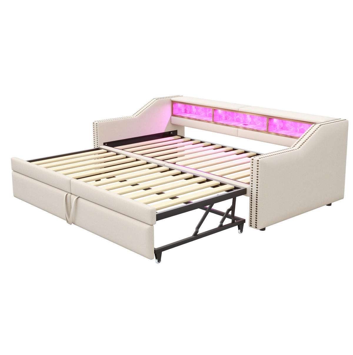 AUSZIEHBETT 90/180 x 200 cm in Beige mit LED-Beleuchtung und USB-Anschluss - Beige, Textil (90/200cm) - Flora Grace