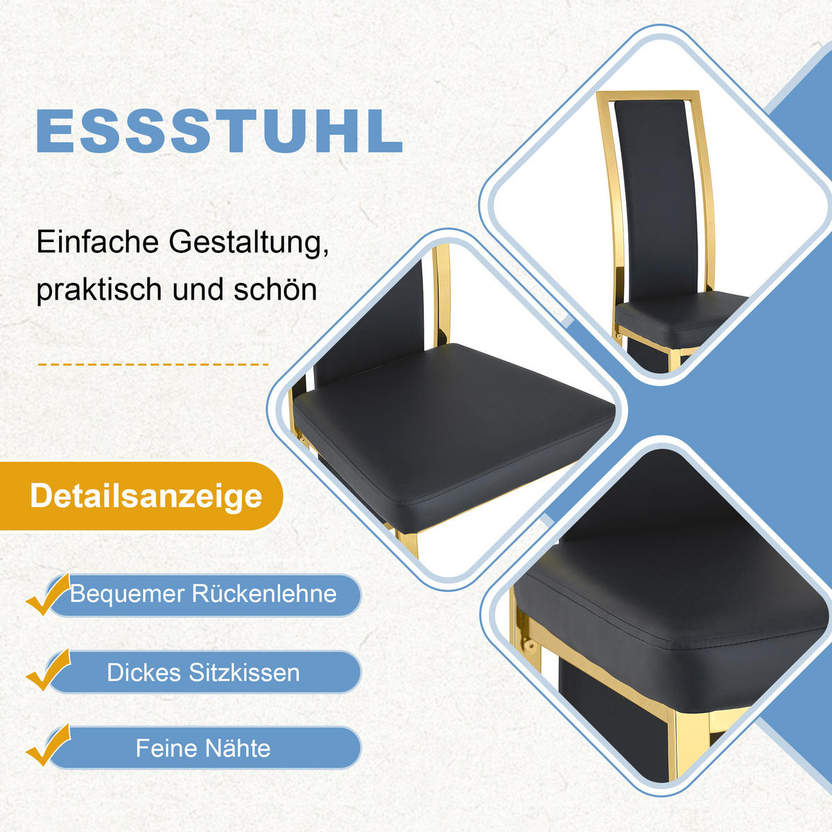 STUHL-SET DE-36646 2 Stück mit PU-Bezug und Metallrahmen Schwarz - Schwarz, Metall (42.7/109/44cm) - ComfortXL