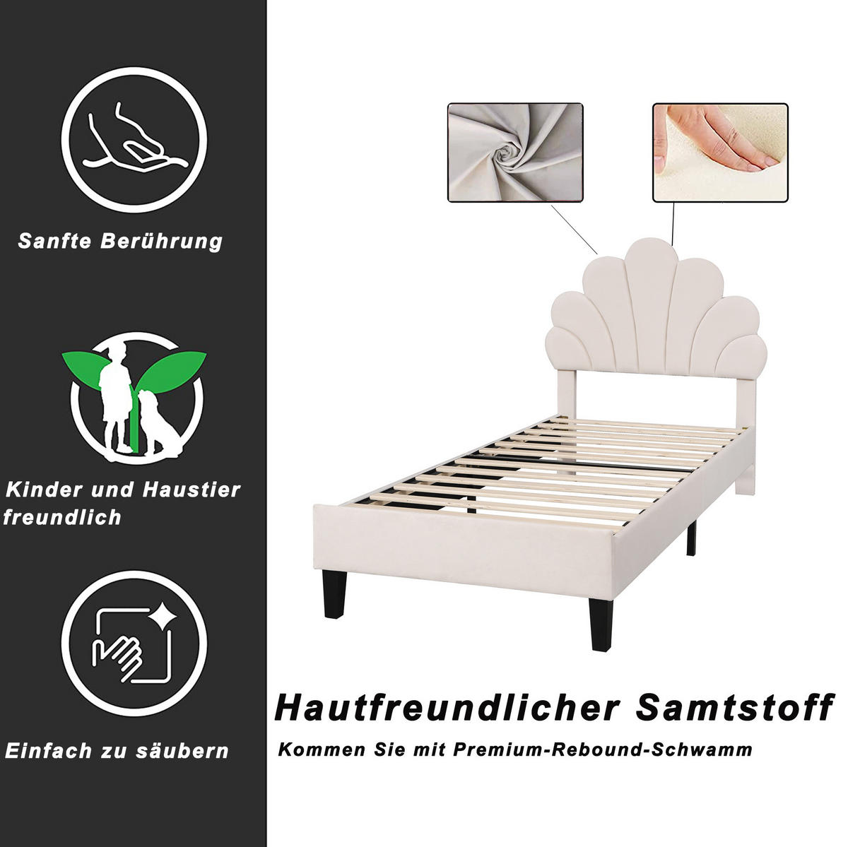 SAMT-POLSTERBETT 90/200 cm in Beige mit Blumen-Kopfteil - Beige, Textil (90/200cm) - BEAOK