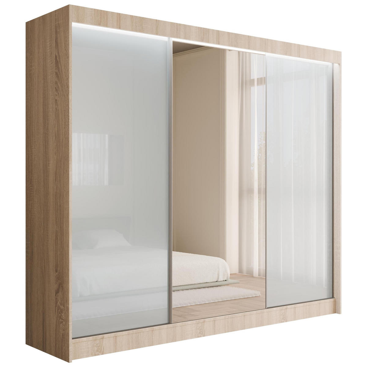 KLEIDERSCHRANK VESLI mit LED - 250 cm - Sonoma Eiche|Weiß - Weiß/Sonoma Eiche, Holzwerkstoff (250/215/61cm) - ALTDECOR