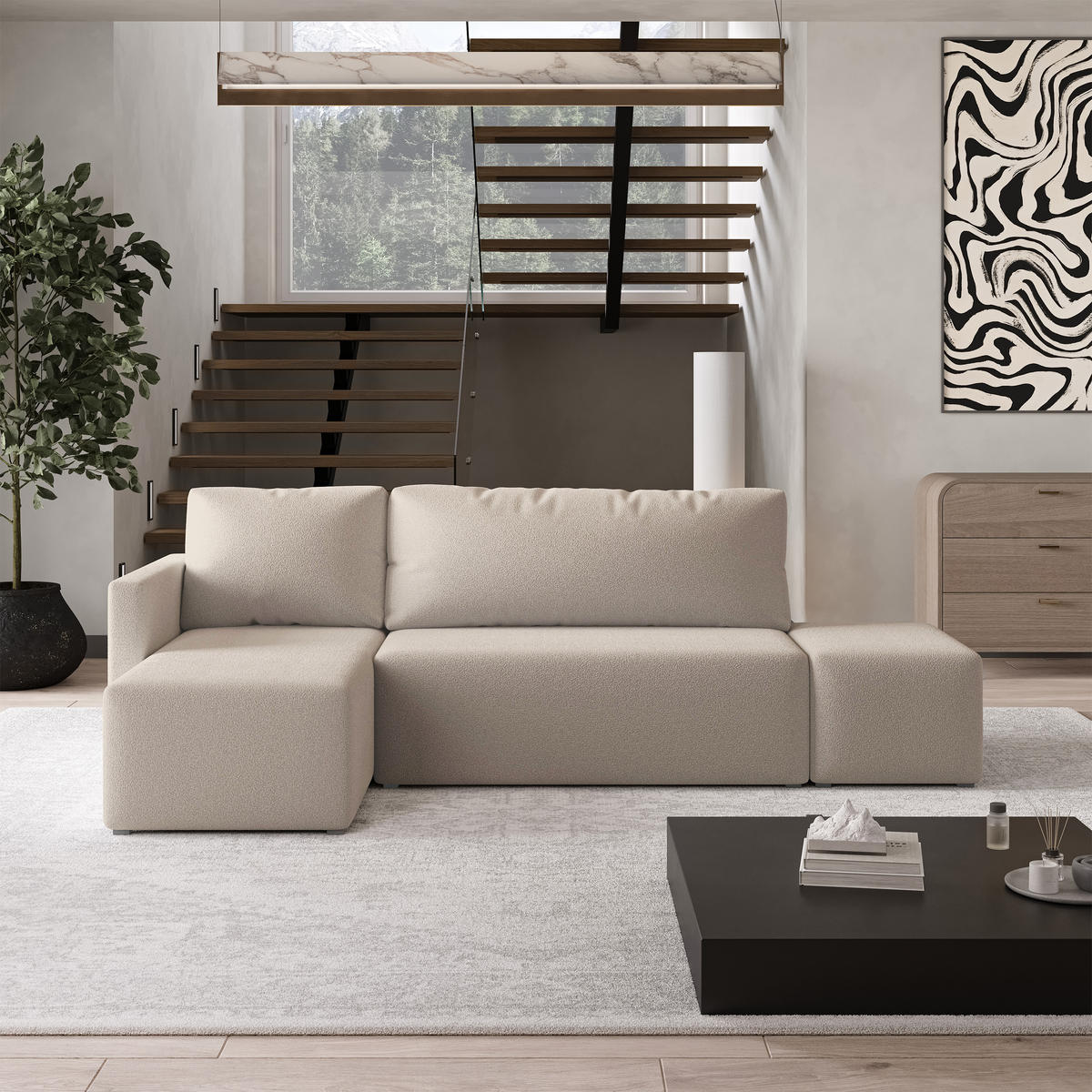 ECKSOFA VELOTTI L-S Beige Boucle-Stoff mit Schlaffunktion - Beige, Holz (261/143cm) - MASSENO