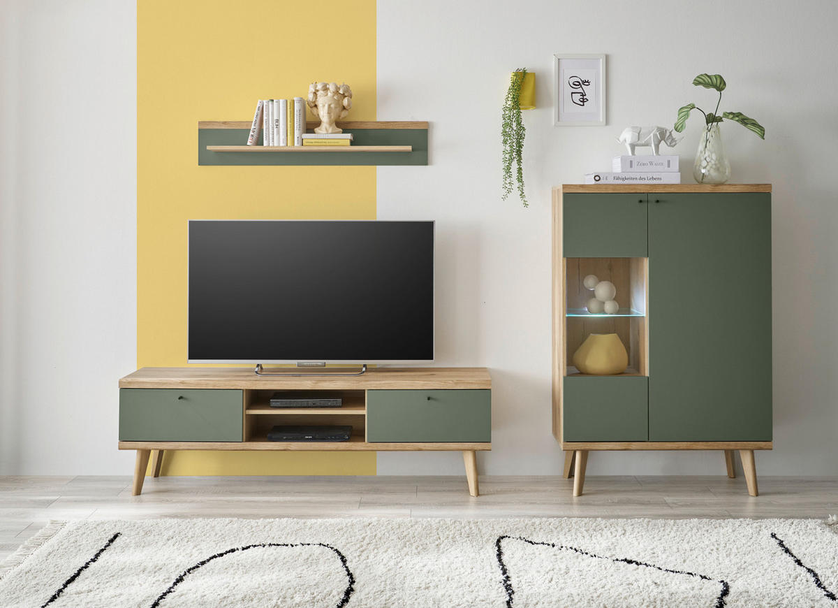 WOHNWAND 3-teilig salbei grün, Eiche Evoke, skandinavisch 260 cm, Schrankwand mit Highboard - Salbeigrün/Eichefarben, Glas/Eichenholz (260/160/40cm) - Furn.Design