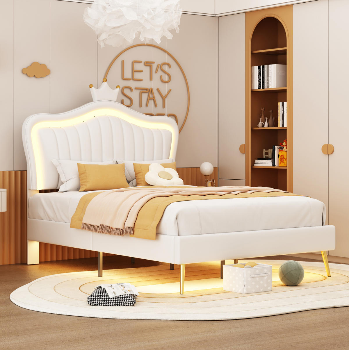 KINDERPOLSTERBETT 90/200 cm oder 140/200 cm Weiß aus Kunstleder mit LED und verstellbarem Kopfteil - Weiß, Textil (90/200cm) - OKMYHOME