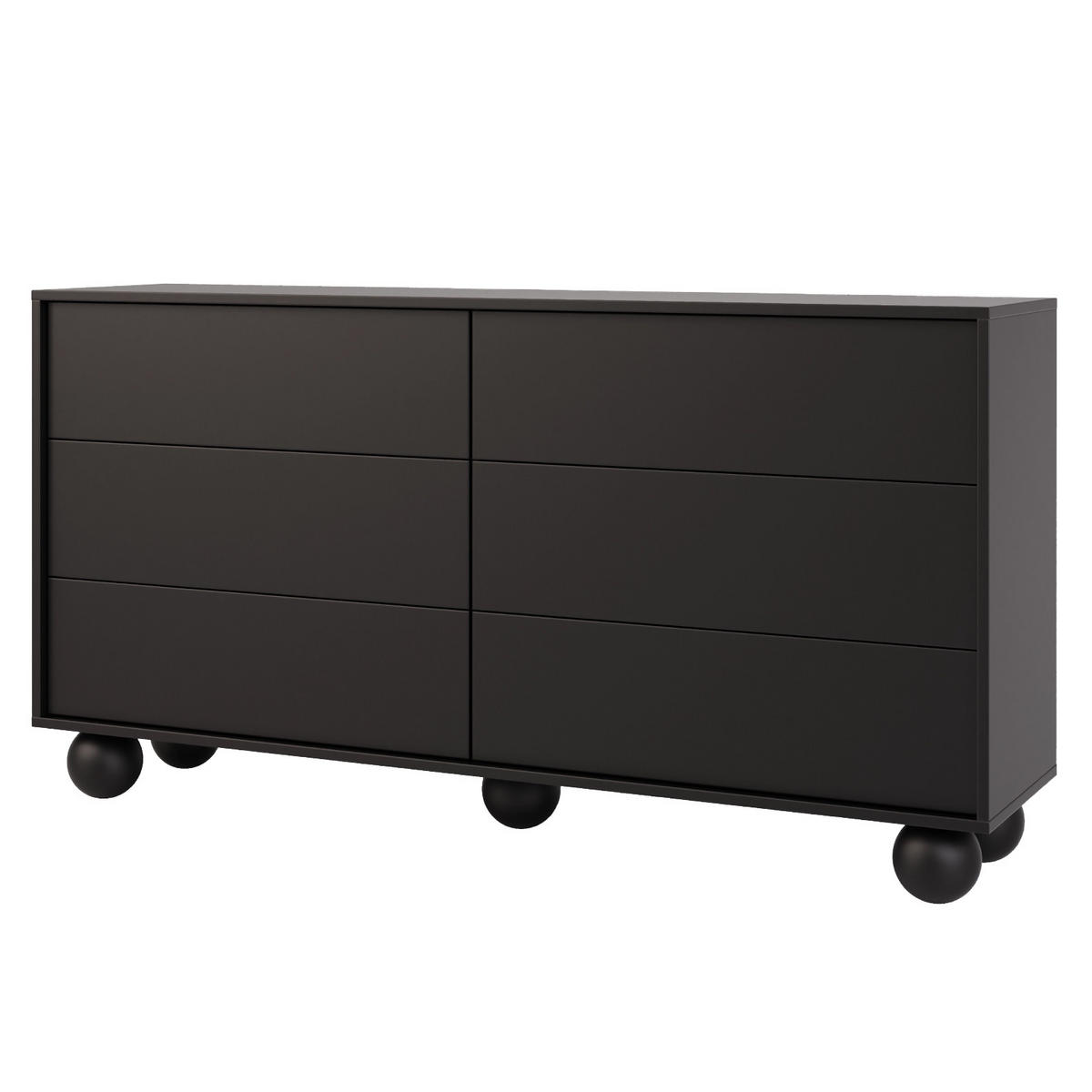 KOMODA Adel se 6 zásuvkami a kulatými nožkami, 154 cm, bezúchytková, černá - černá, kompozitní dřevo (154/81/38cm) - Beautysofa
