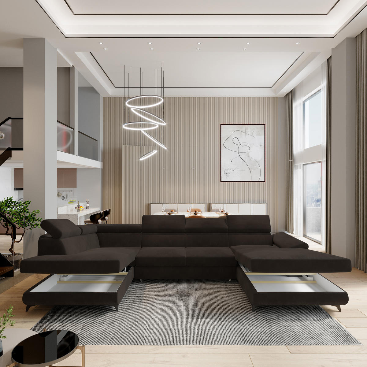 WOHNLANDSCHAFT RUBANO L-S Braun Velours-Stoff mit Schlaffunktion - Braun, Holz (339/89/190cm) - MASSENO