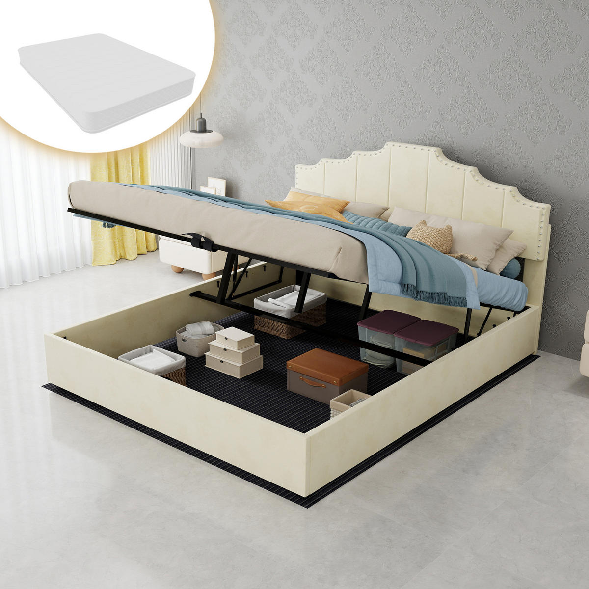 STAURAUMBETT 160/200 cm DE-32979 mit Hydraulik-Stauraum und Matratze Beige - Beige, Metall (160/200cm) - ComfortXL