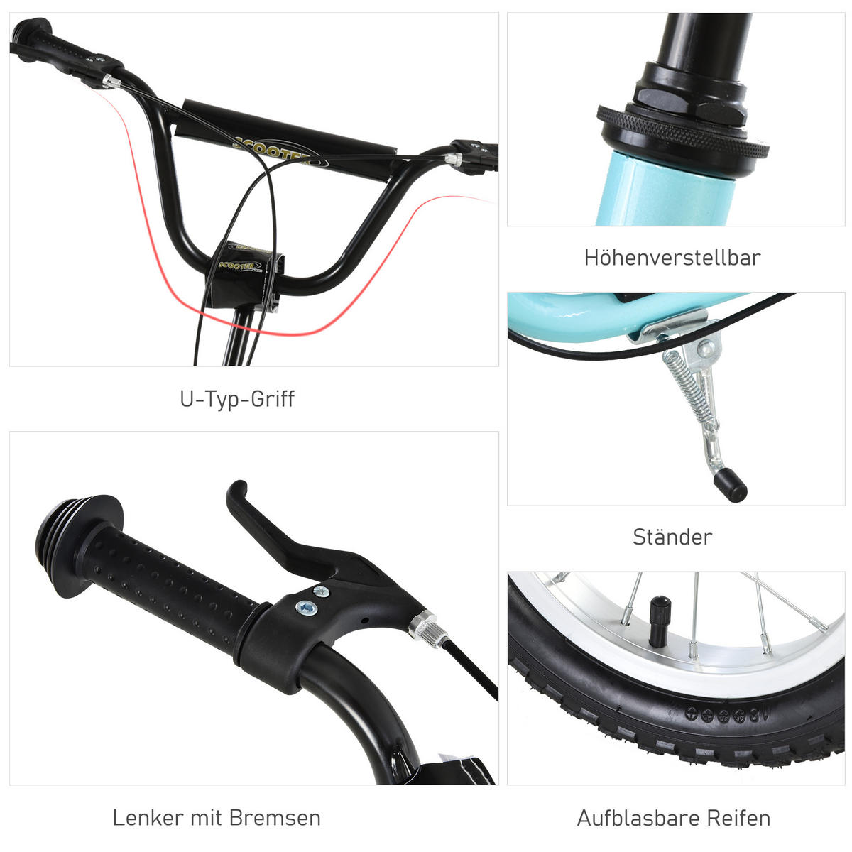 KINDERROLLER Höhenverstellbar Tretroller mit 12 Zoll Luftreifen, Kinder Roller - Hellblau, Metall (120/58/95cm) - HOMCOM