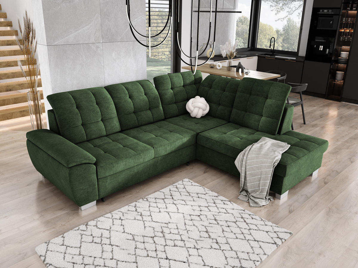 ECKSOFA LOTTA L-förmig Bettkasten verstellbare Kopfstützen hochwertige Verarbeitung lose Rückenkissen freistehend RECHTS 258x212x106 cm Green - Grün, Holz/Textil (258/212cm) - DomoHome