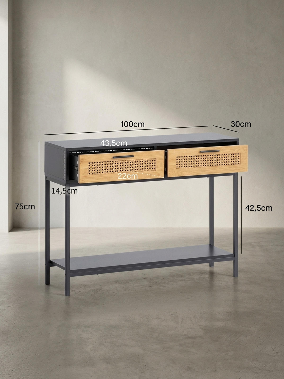 KONSOLENTISCH – Schwarz, 100x30x75 cm, mit Wiener Geflecht, Schubladen und Ablage - Schwarz, Holzwerkstoff/Metall (30/100/75cm) - KADIMA DESIGN