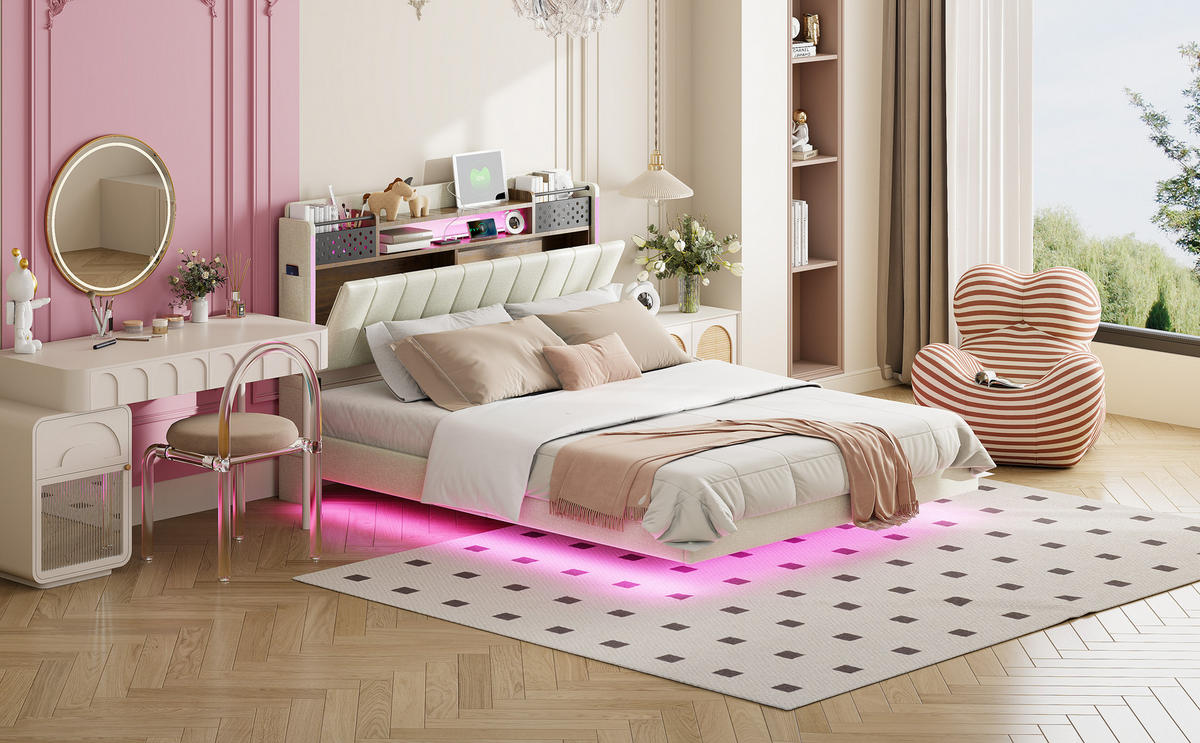POLSTERBETT 140x200 cm LED USB beige - Beige, Textil (140/200cm) - Fortuna Lai