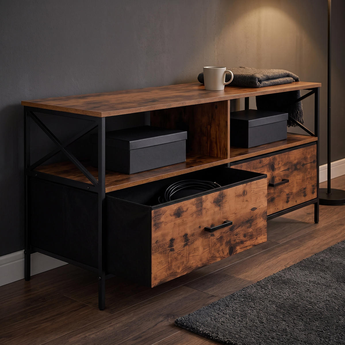 TV-LOWBOARD Industrial-Schwarz Stoffschubladen 120 cm - Braun, Holzwerkstoff/Textil (120/50/40cm) - Relaxdays
