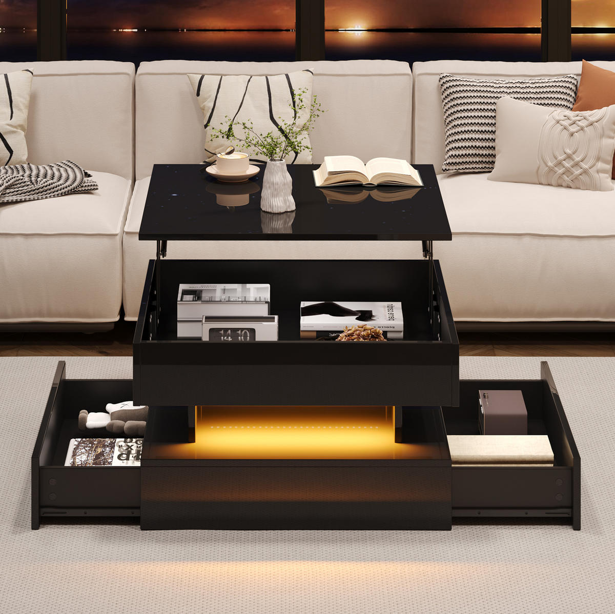 COUCHTISCH aus Spanplatte 65x65x38,5 cm Schwarz anhebbar mit LED-Beleuchtung, 2 Schubladen und verstecktem Stauraum - Schwarz, Holzwerkstoff (65/65/38.5cm) - Modfu