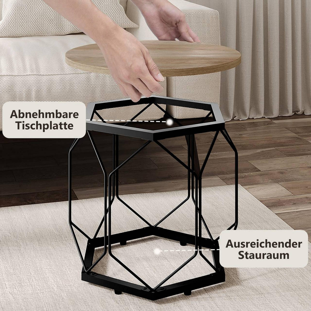 COUCHTISCH 2er Set, rund, Graue Holzoptik - Schwarz/Sonoma Eiche, Holzwerkstoff/Metall (50/50/45cm) - Woltu