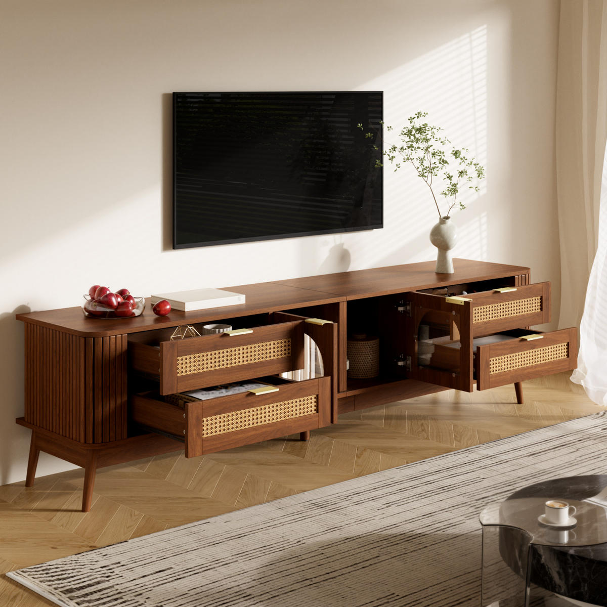 TV-LOWBOARD 180 x 40 x 50 cm, Glastüren, Schubladen, LED, modernes Design, Walnuss - Walnussfarben, Holzwerkstoff (180/50/40cm)