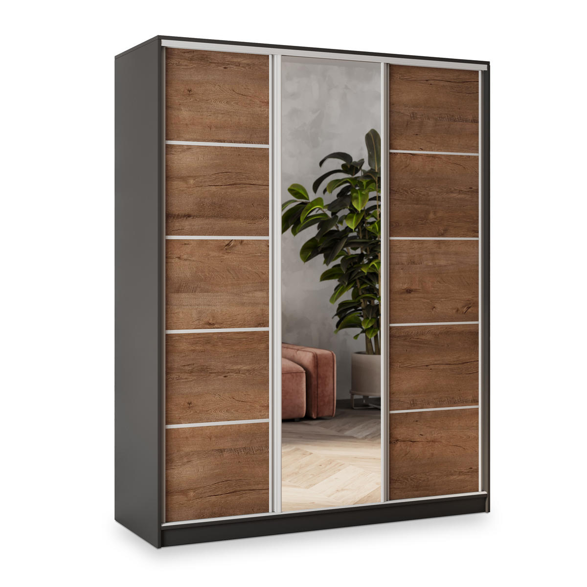 SCHWEBETÜRENSCHRANK NATA 150/205/58 cm 3-türig mit Spiegel und Schubladen Schwarz / Eiche Lefkas - Eichefarben/Silberfarben, Holzwerkstoff (150/205/58cm) - MASSENO