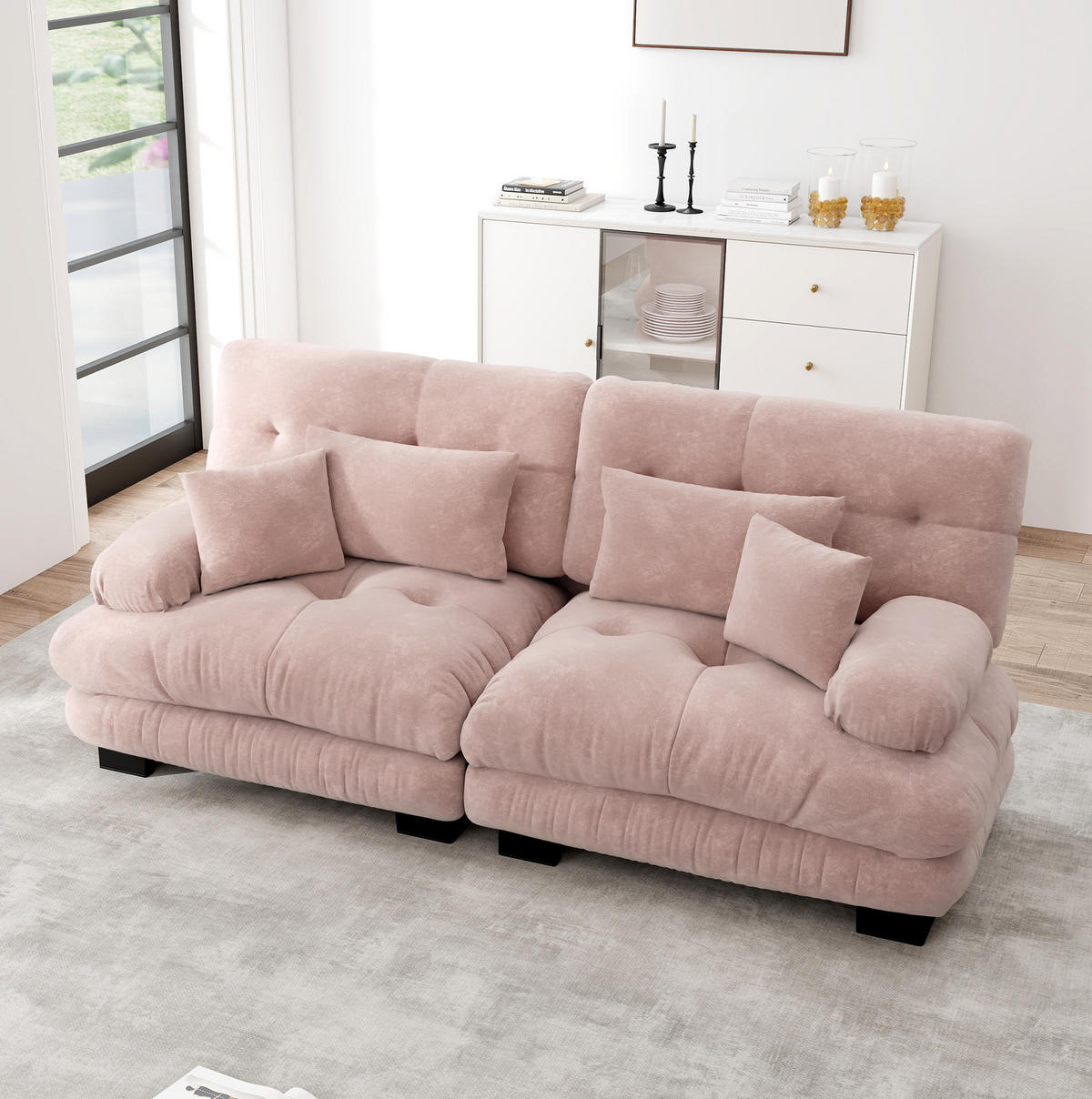 ECKSOFA modular mit Chenille-Bezug, Wolkenkomfort und Zierkissen, Pink - Pink, Textil (220/77cm) - Redom
