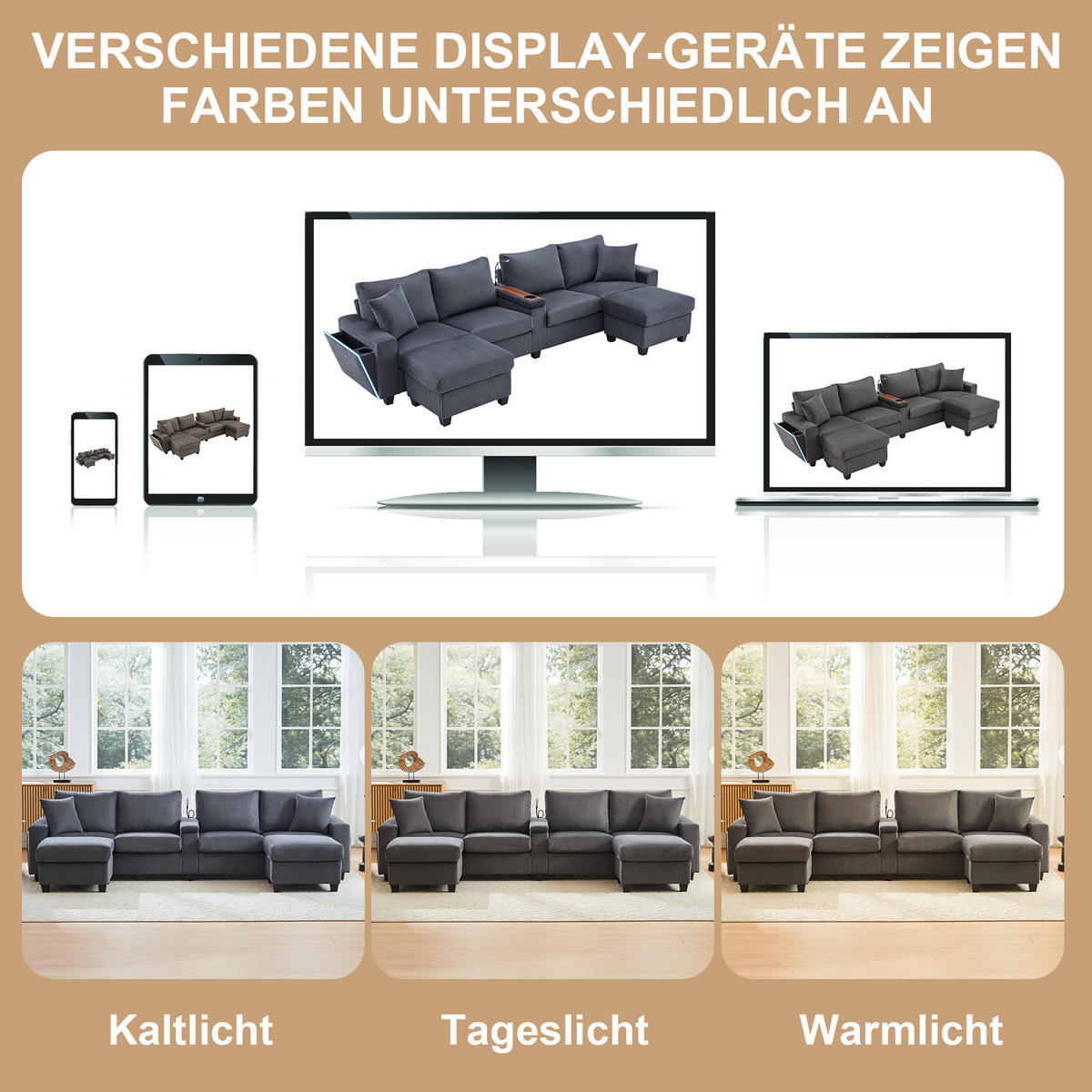 SOFA, U-Form, 2 Hocker, LED-Beleuchtung, Grau, 334x128.5x81cm - Grau, Textil (128.5/81/334cm) - FLIEKS