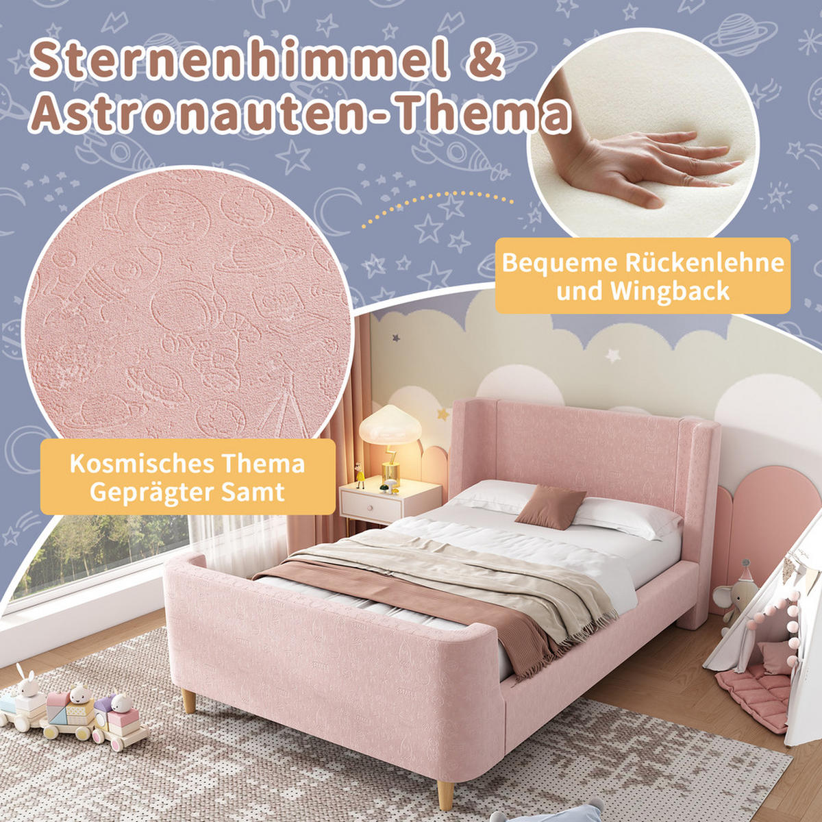POLSTER-KINDERBETT 90x200cm Schlittenbett Kosmisches Muster Samt Rosa - Pink, Holz - FLIEKS