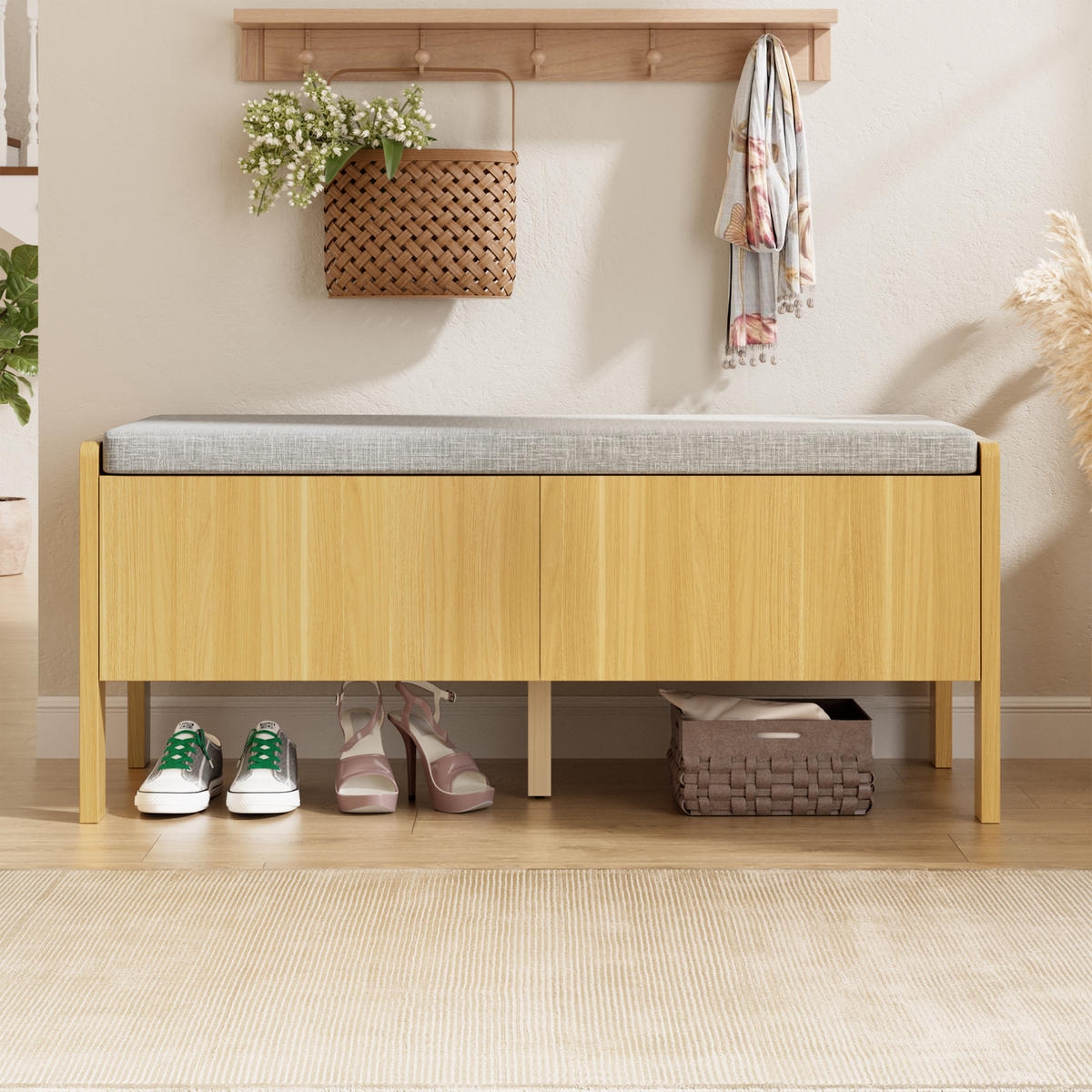 SCHUHBANK mit Stauraum, Polsterung & Rattan-Seiten, vielseitig einsetzbar, Natur/Beige, Standardgröße - Naturfarben/Grau, Glas/Holzwerkstoff (113/45.5/40cm) - EVRYAE