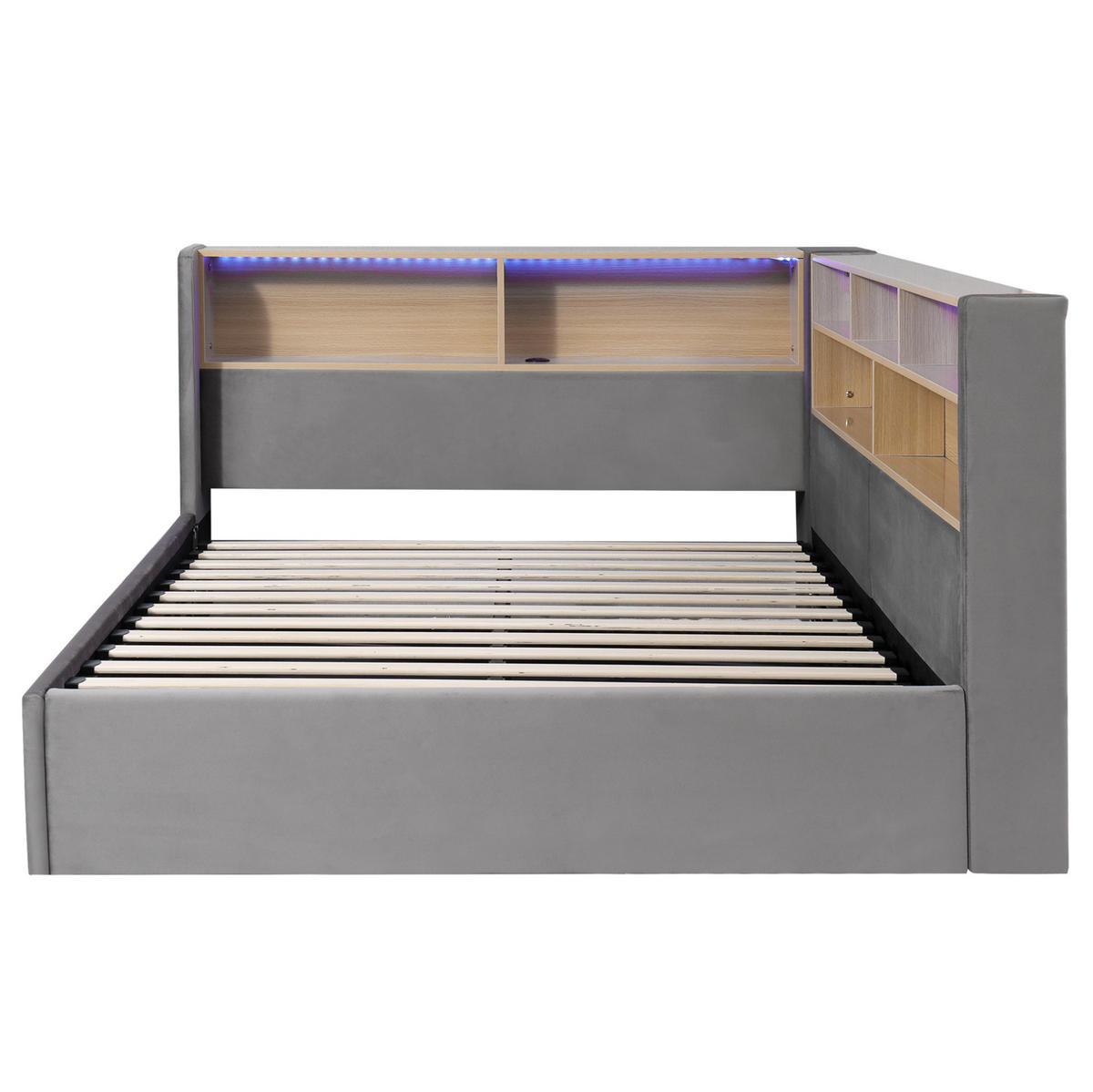TAGESBETT 140/200 cm mit hydraulischem Stauraum, LED, USB- und Type-C-Anschluss sowie Samtbezug, Grau - Grau, Textil (140/200cm) - Redom