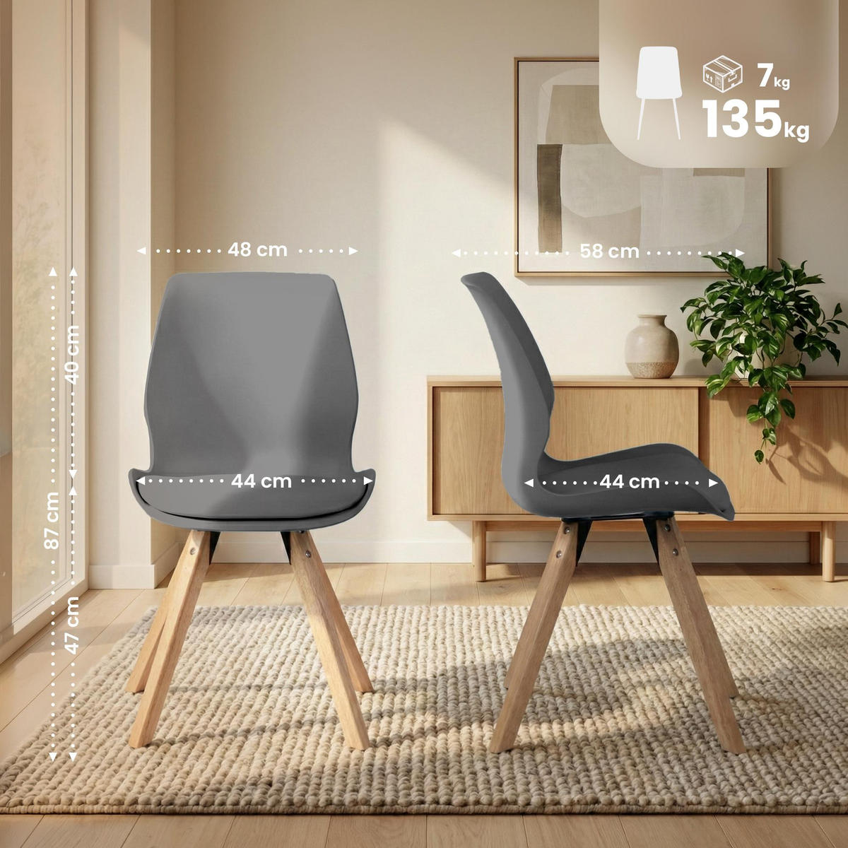 STUHL 2er Set Kunststoff Grau - Eukalyptusholzfarben/Grau, Holz/Kunststoff (48/87/58cm) - CLP