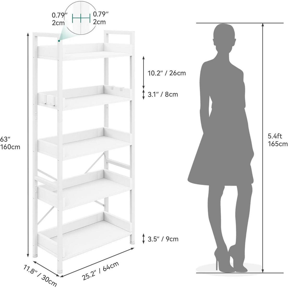 BÜCHERREGAL 5 Etagen Weiß 64 x 30 x 160 cm - Weiß, Metall (64/160/30cm)