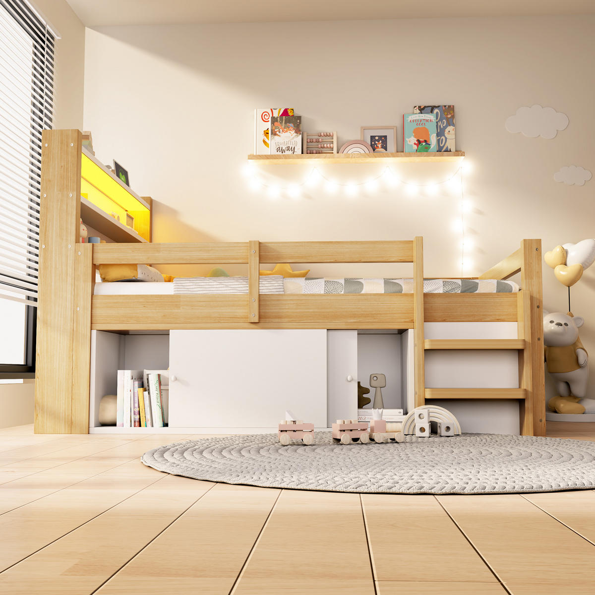 HOCHBETT 90/200 cm in Natur mit Ablageflächen, Staufächern, Schiebetüren, LED und USB - Naturfarben, Holzwerkstoff - STILVORA
