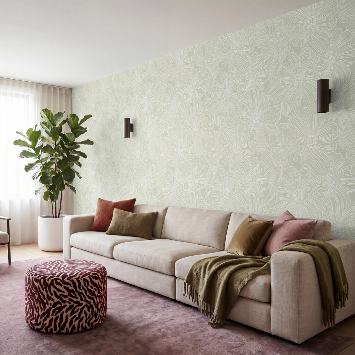 TAPETE - Gelassenheit - Blumen - Grün - 450x200 cm - Salbeigrün, Papier (450/200cm) - OnlyWow