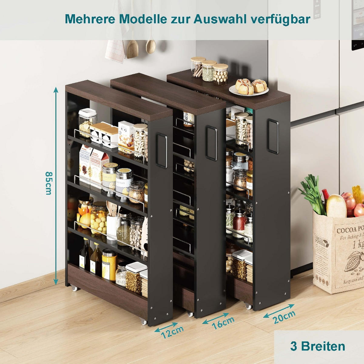 KÜCHENSCHRANK auf Rollen 12cm schmal Schwarz Braun Holzoptik 55/12/85 cm - Schwarz, Kunststoff (12/85/55cm) - Rolipo