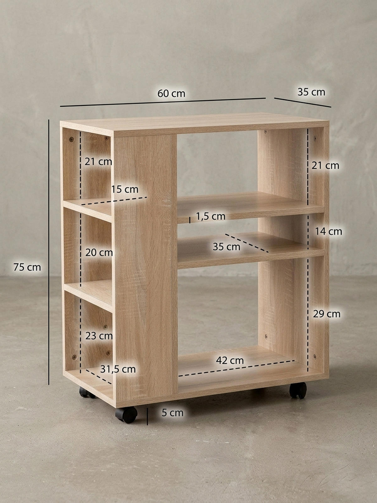 REGAL Multifunktional Mit Rollen Modern BRENTA, Beige 60x35x75 cm - Beige, Holz/Kunststoff (60/75/35cm) - KADIMA DESIGN