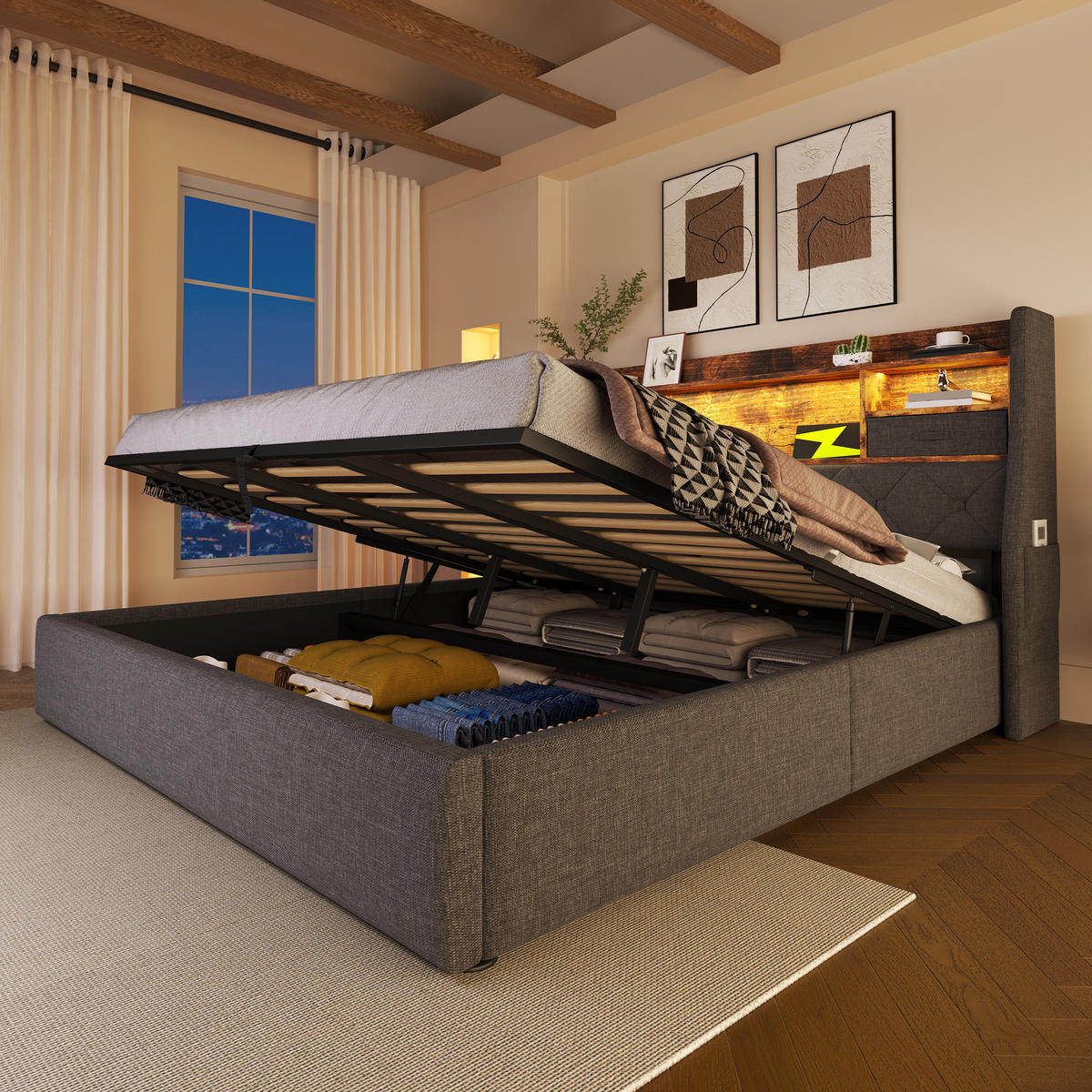 POLSTERBETT 140/200 cm Grauer Leinenstoff mit Hydraulischem Stauraum & LED-Kopfteil - Grau, Textil (140/200cm) - OKWISH