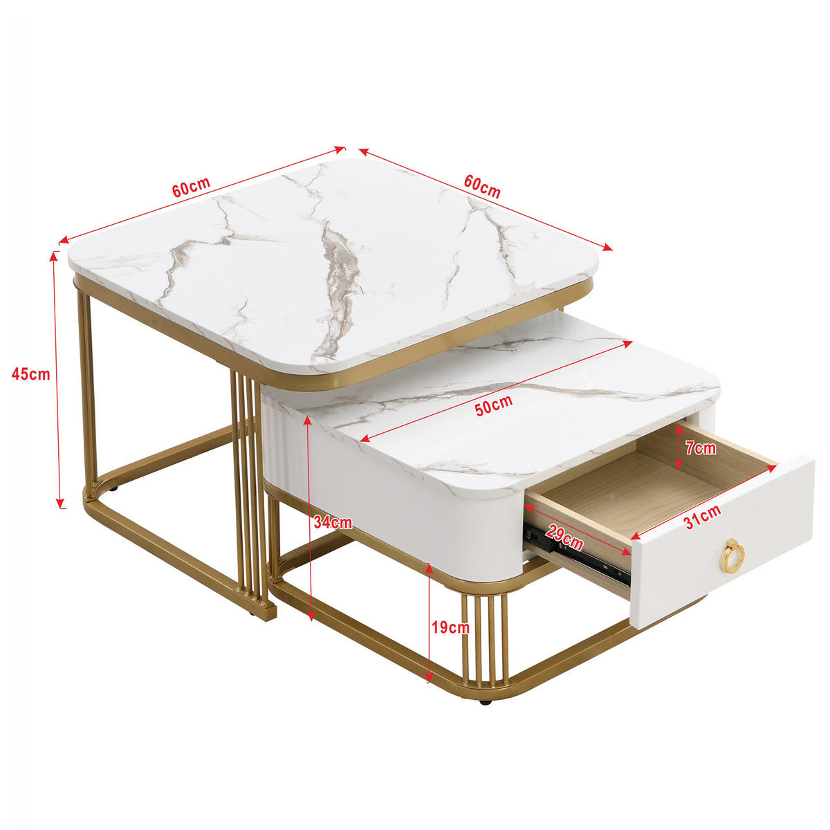 COUCHTISCH verschachtelbar 60 x 60 cm MDF Weiß-Gold 2er-Set - Weiß, Metall (60/60/45cm) - Meubliv