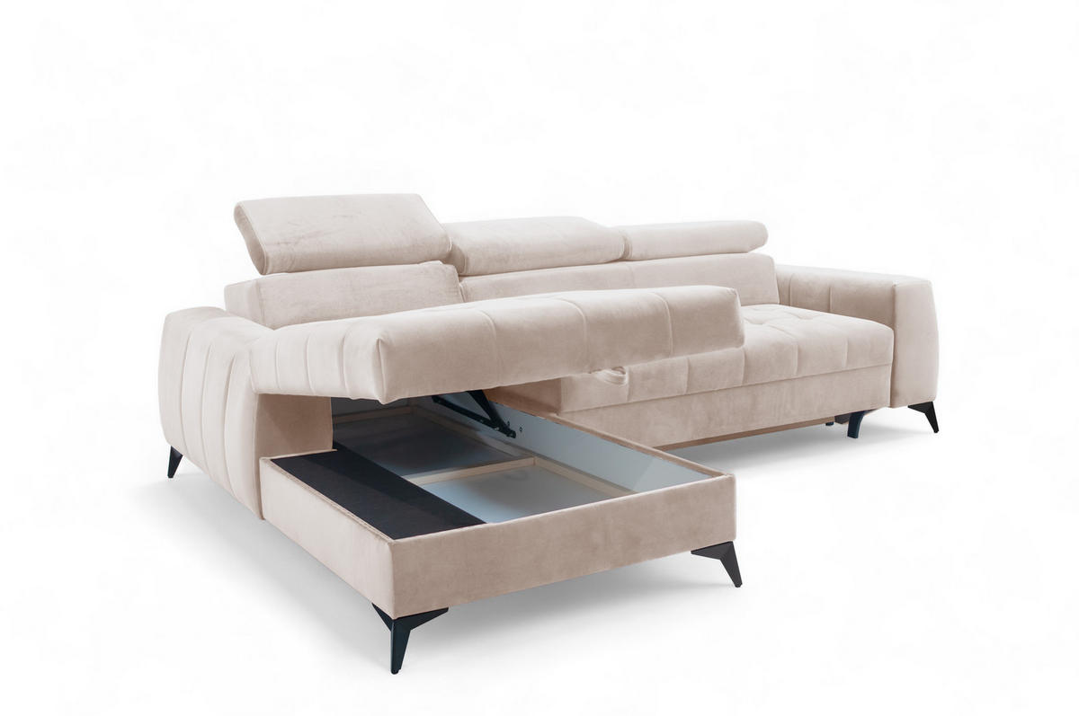 ECKSOFA L Form Arkucio Mini Beige 260/200/95 cm Links mit Schlaffunktion - Beige/Schwarz, Textil/Metall (200/260cm) - AX Living