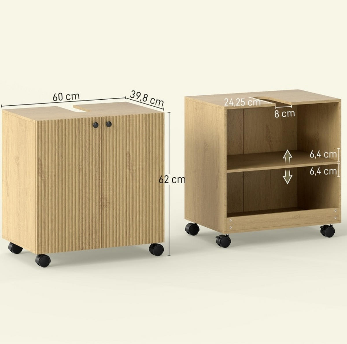 WASCHBECKENUNTERSCHRANK 60x39.8x62 cm Natur mit U-Ausschnitt & Soft-Close-Türen - Naturfarben, Holzwerkstoff (60/62/39.8cm) - Modfu