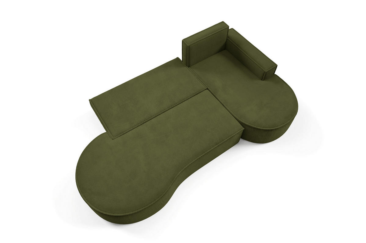 ECKSOFA MOLLY mit Schlaffunktion – Halbrund, freistehend, Liegefläche 140x207 cm, 3 Kissen, Curio-Stoff, 277x157x88 cm, Rechts, Grün - Olivgrün, Holz/Textil (277/157cm) - DomoHome