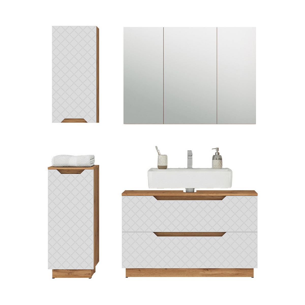 BADMÖBEL-SET Lotta Eiche/Weiß mit Kachelstruktur 4 Teile - Eichefarben/Weiß, Holzwerkstoff (99.4/62.5/32cm) - Vicco