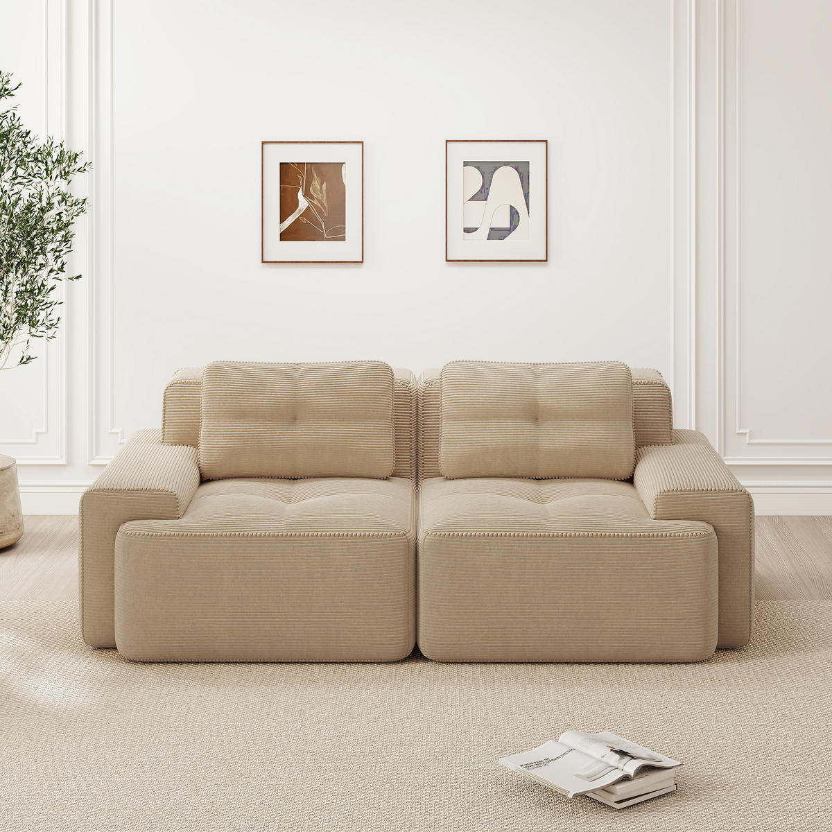 2-SITZER SOFA Cord Beige mit rutschfester Basis - Beige, Textil (204/69/104cm) - WISHDOR