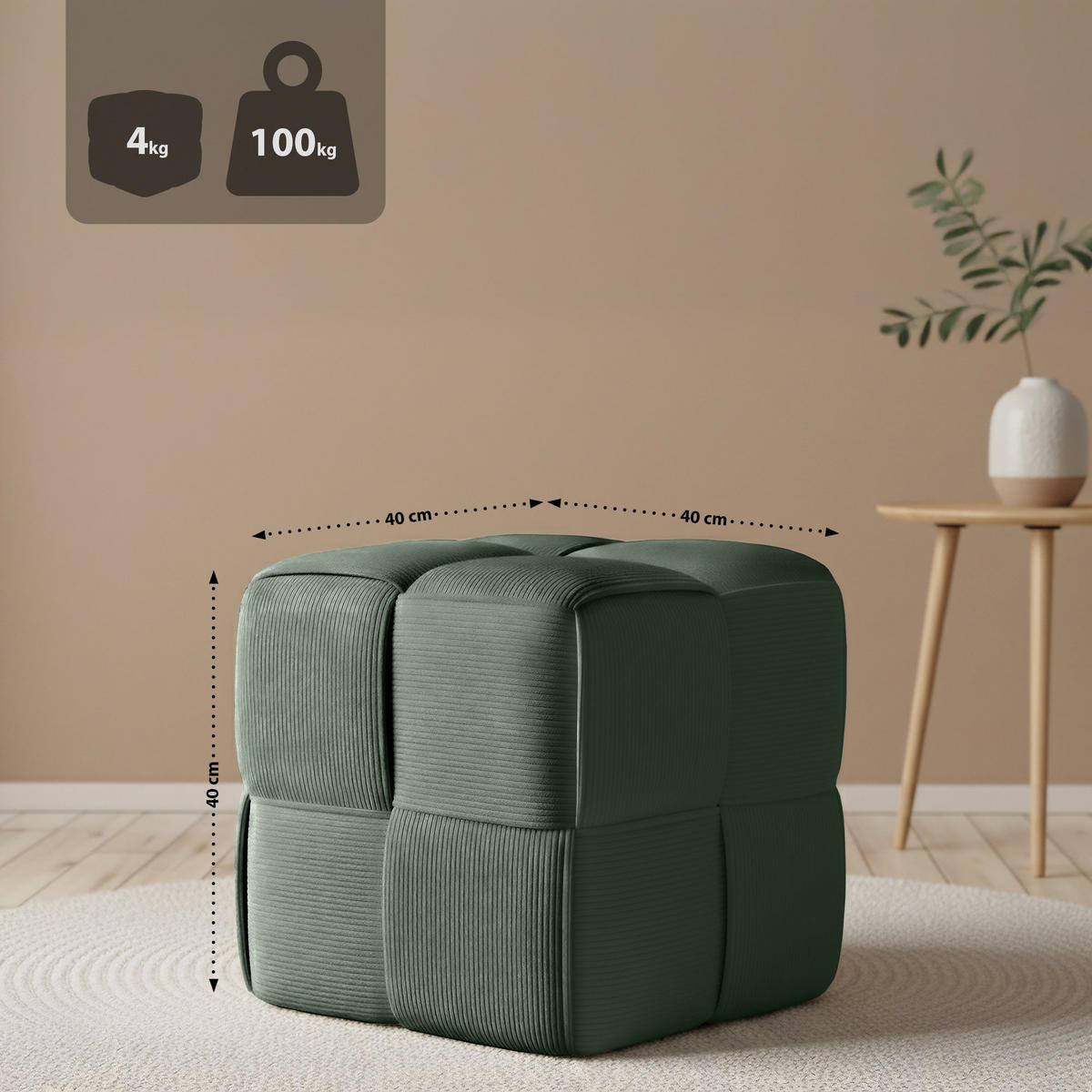 SITZWÜRFEL eckig 40/40/40 cm Cord Dunkelgrün - Dunkelgrün, Kunststoff/Textil (40/40/40cm) - CLP