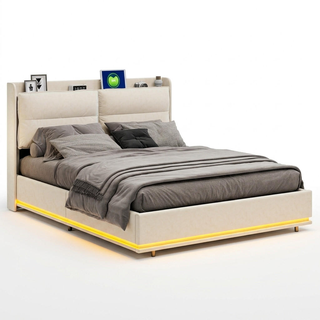 POLSTERBETT 160/200 cm mit LED-Beleuchtung,Ladefunktion, Doppelbett Beige - Beige/Naturfarben, Holz/Metall (160/200cm) - PARAFTA HOME