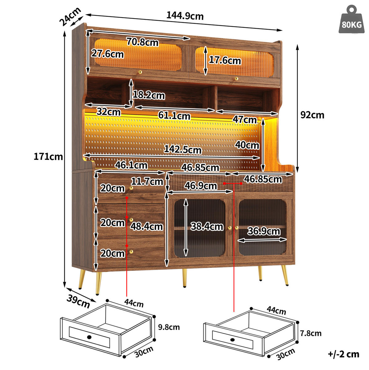 BUFFETSCHRANK 145/39/171 cm aus MDF und Glas mit Lift-up-Tür, RGB-LED-Beleuchtung, App-Steuerung und Lochwand, Walnuss - Walnussfarben, Holzwerkstoff (145/171/39cm) - Redom
