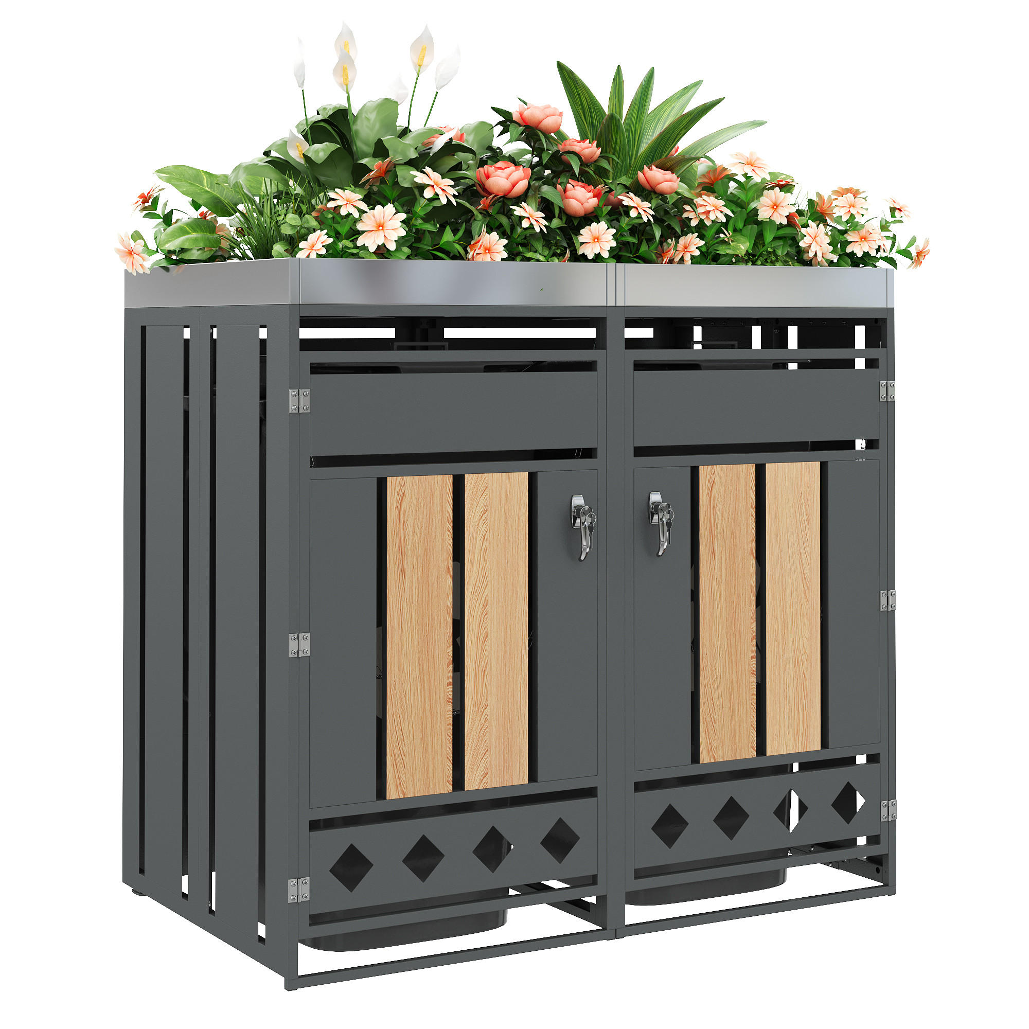 MÜLLTONNENBOX aus Stahl in Grau/Holzoptik mit Pflanzkasten & abschließbaren Türen 132x80x124,5 cm - Grau, Metall (132/124.5/80cm) - Modfu