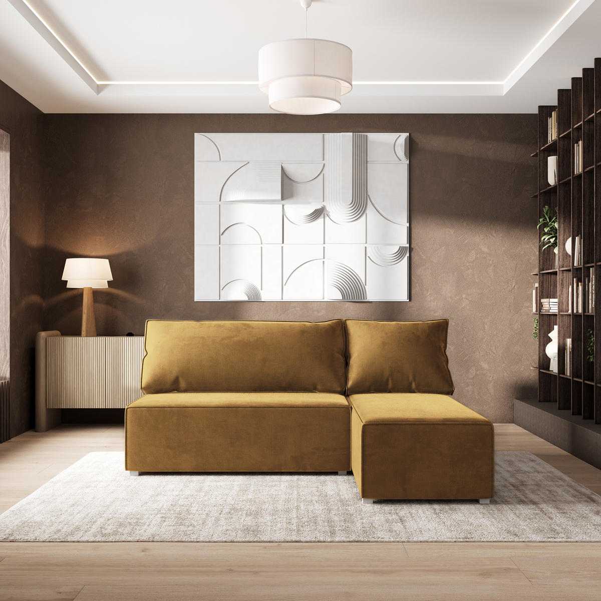 ECKSOFA BRISO M Gelb Velours-Stoff mit Schlaffunktion - Gelb/Grau, Holz/Kunststoff (200/140cm) - MASSENO