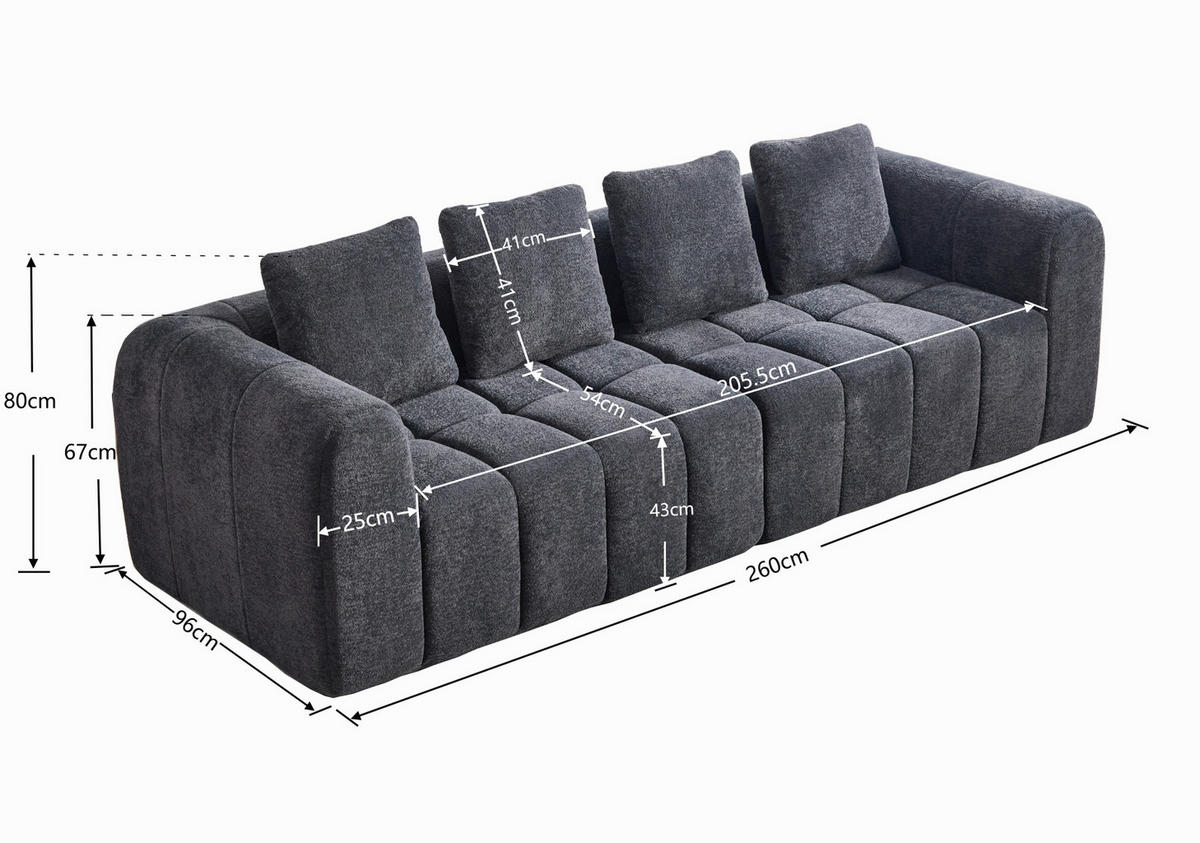ECKSOFA 260/94,5/80 cm modular, montagefrei mit Samtbezug und tiefem Sitz, Dunkelgrau - Dunkelgrau, Textil (260/95.5cm) - Redom