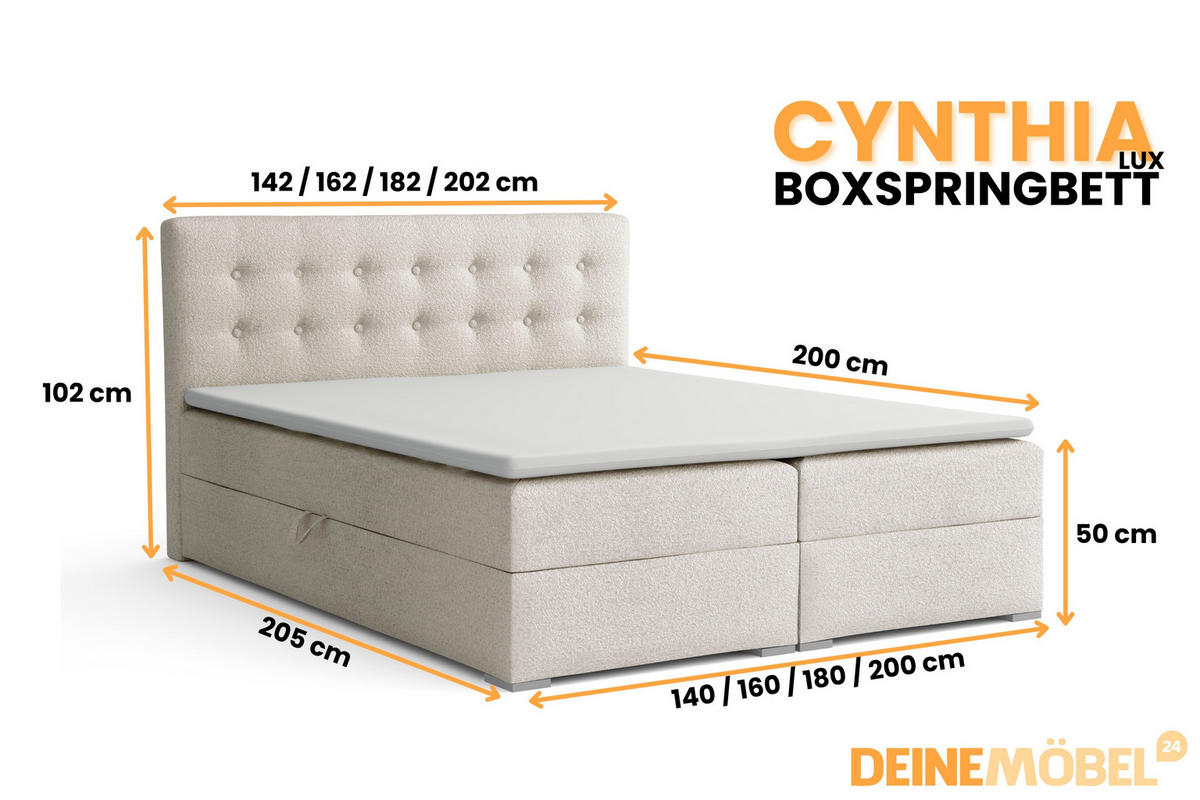 BOXBETT CYNTHIA LUX 160/200 in Boucle Ecru H3 - Ecru, Holzwerkstoff (160/200cm) - Deine Möbel 24