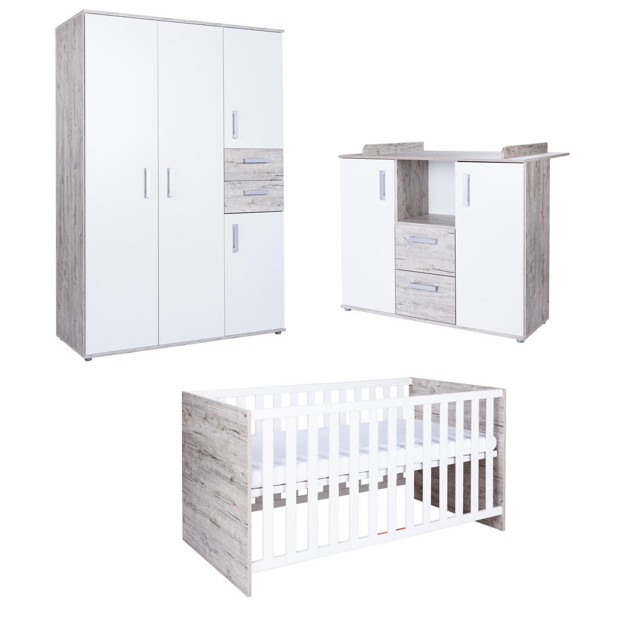 BABYZIMMER Set Bente 3-tlg. - Eichefarben/Silberfarben, Holz/Holzwerkstoff (1/1/1cm) - arthur berndt
