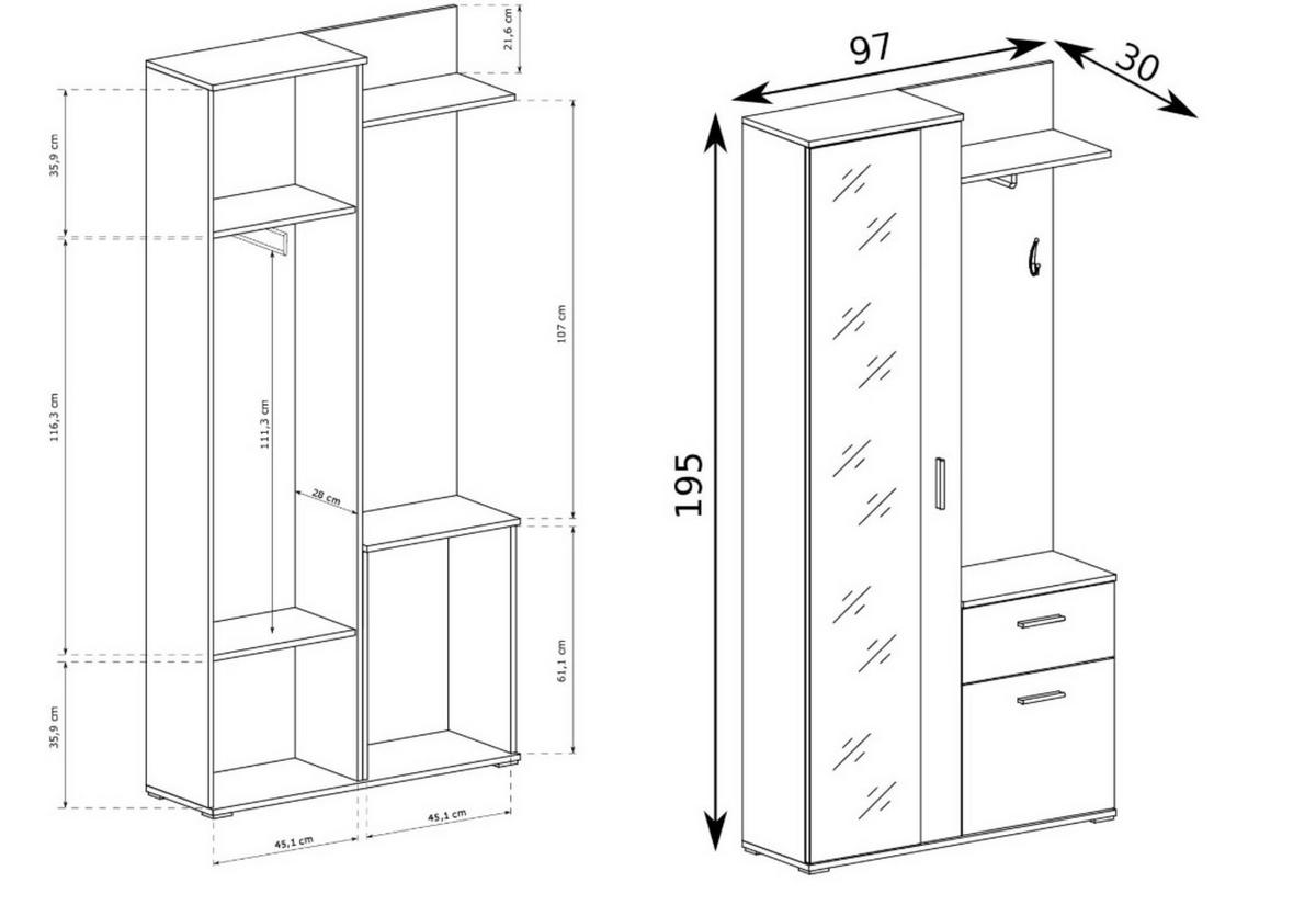 GARDEROBENSCHRANK RAMO 97/195/30 Modern Garderobenschrank Weiß - Weiß, Holzwerkstoff (97/195/30cm) - MASSENO
