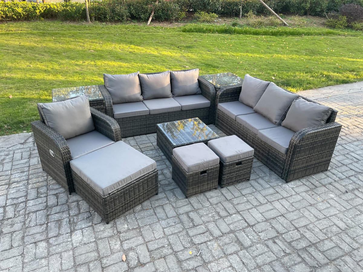 GARTENMÖBEL SET mit 3-SITZER SOFA Polyrattan Dunkelgrau 10-Sitzer - Dunkelgrau/Grau, Glas/Kunststoff - Fimous