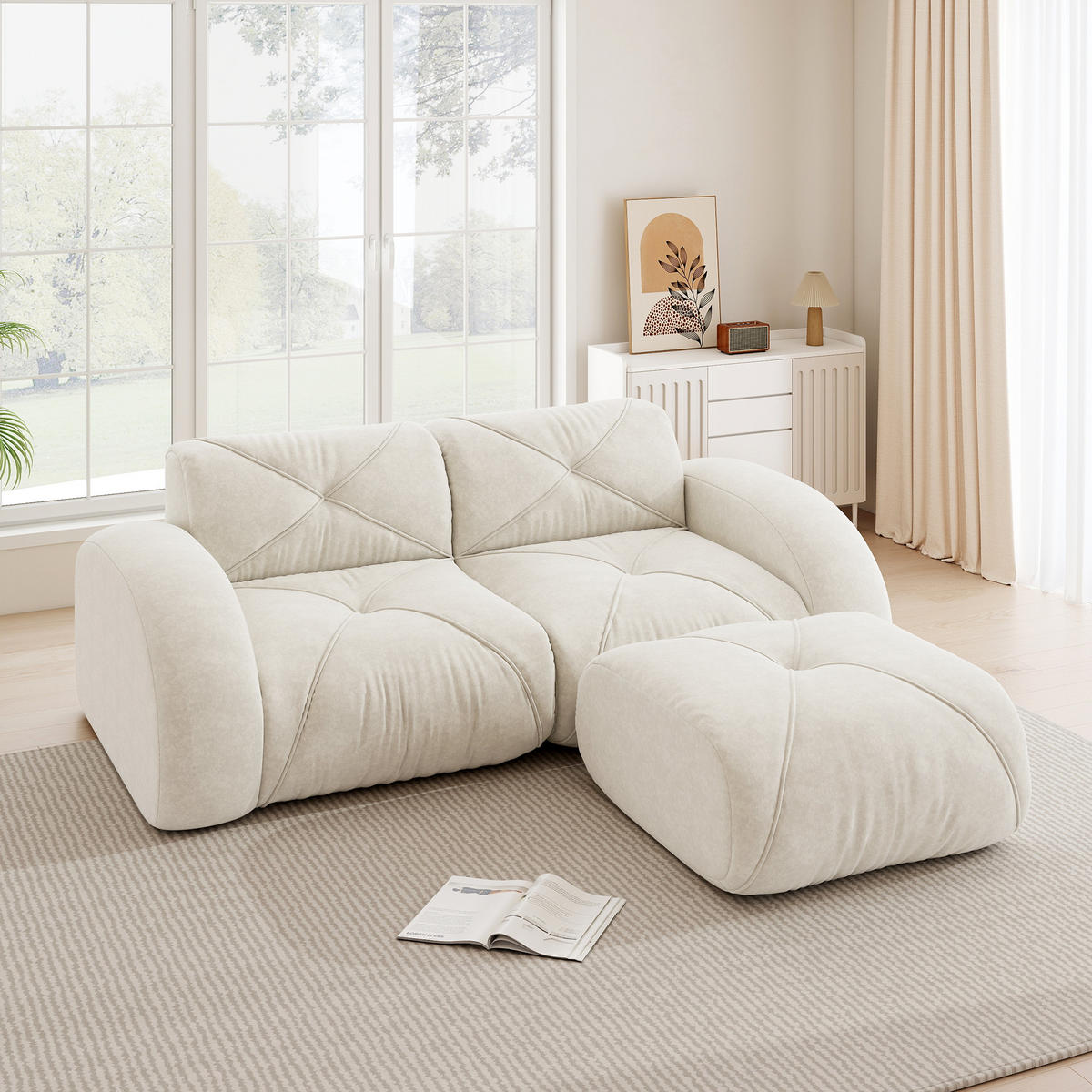 2-SITZER ECKSOFA Chenille Hellbeige mit Hocker - Weiß, Textil (204/171cm) - WISHDOR
