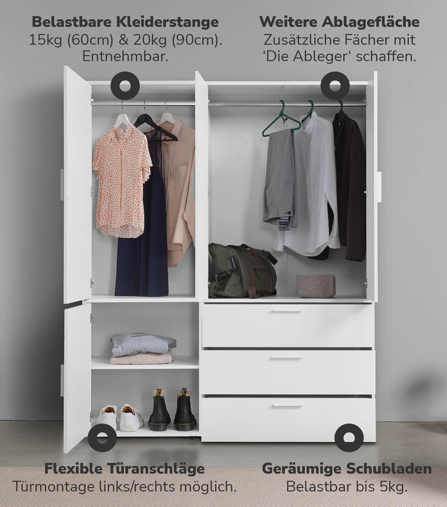 KLEIDERSCHRANK mit Spiegel Der Grenzenlose - Weiß, Holzwerkstoff (150/187/58cm) - Mokebo